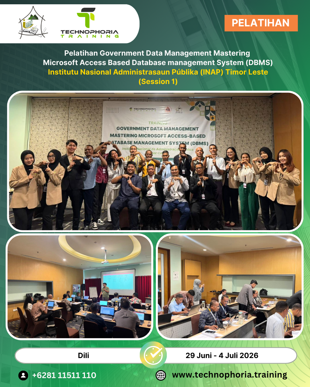 # Formação Government Data Management Mastering Microsoft Access Based Database Management System (DBMS) para Dirigentes e Funcionários do INAP Timor-Leste é Realizada com Sucesso em Yogyakarta **Yogyakarta, 4 de julho de 2026** – O Technophoria Training Center realizou com sucesso o programa **Government Data Management Mastering Microsoft Access Based Database Management System (DBMS)** destinado aos dirigentes e funcionários do **Institutu Nasional Administrasaun Públika (INAP) de Timor-Leste**, realizado entre **29 de junho e 4 de julho de 2026** no **Ibis Styles Hotel Malioboro Yogyakarta**. A formação contou com a participação de **12 participantes**, incluindo dirigentes e funcionários do INAP Timor-Leste. A iniciativa faz parte dos esforços para fortalecer as competências na gestão de dados governamentais e na utilização de tecnologias de informação para a administração pública. A cerimônia de abertura foi conduzida pelo **Diretor do Technophoria Training Center, Agung Y. Nugroho**, juntamente com o **Diretor Nacional da Área de TI do INAP Timor-Leste, Livio da Costa**. Durante os seus discursos, ambos destacaram a importância da gestão de dados e dos sistemas de bases de dados como pilares fundamentais da transformação digital no setor público. Na primeira sessão da formação, os participantes receberam conhecimentos sobre os **fundamentos das bases de dados**, conceitos essenciais de gestão de dados e a utilização do **Microsoft Access** como plataforma de Database Management System (DBMS) aplicável às necessidades da administração pública. Os conteúdos abordaram estrutura de bases de dados, tabelas, relacionamentos, consultas (queries), formulários, relatórios e exercícios práticos de desenvolvimento de bases de dados utilizando Microsoft Access. A metodologia combinou teoria e prática para garantir uma aprendizagem eficaz e aplicável ao ambiente de trabalho. De acordo com a equipa de instrutores do Technophoria Training Center, esta formação representa uma etapa inicial importante antes do desenvolvimento de aplicações e projetos de bases de dados mais avançados. Por essa razão, espera-se que os participantes iniciem o desenvolvimento de um **projeto baseado em Microsoft Access na próxima semana**, aplicando os conhecimentos adquiridos durante o programa. Por meio desta iniciativa, o Technophoria Training Center reafirma o seu compromisso em apoiar o desenvolvimento das capacidades institucionais no âmbito de **Government Data Management**, **Database Management System (DBMS)** e transformação digital sustentável. Com o reforço das competências em gestão de dados, espera-se que o INAP Timor-Leste fortaleça a governação da informação, aumente a eficiência administrativa e promova processos de tomada de decisão baseados em dados. **Palavras-chave SEO:** Formação Microsoft Access, Government Data Management, Database Management System, DBMS, INAP Timor-Leste, Formação de Base de Dados, Transformação Digital Governamental, Technophoria Training Center.